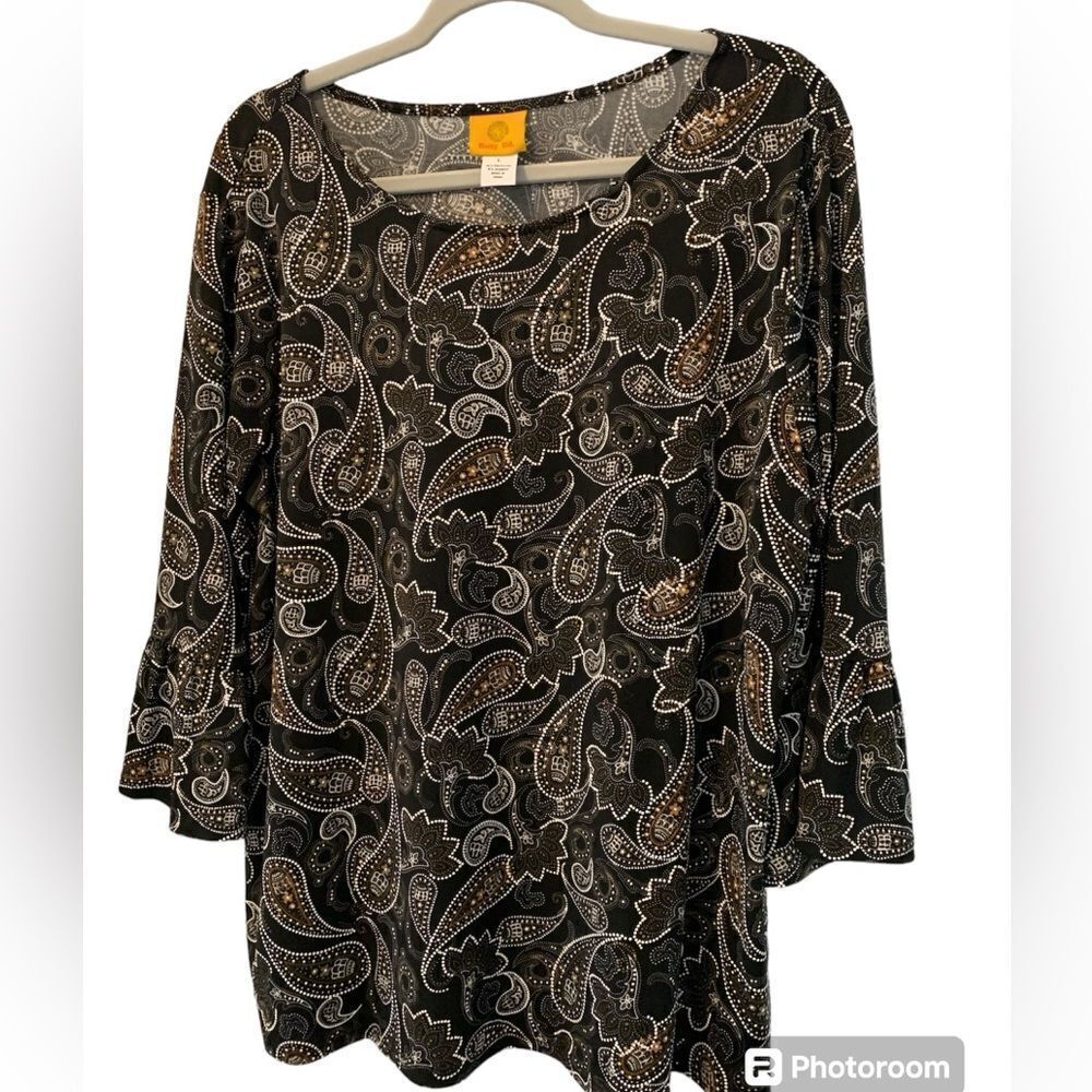 Ruby Rd. 3/4 Sleeve Bell Sleeves Top Size Large Black Brown White Paisley